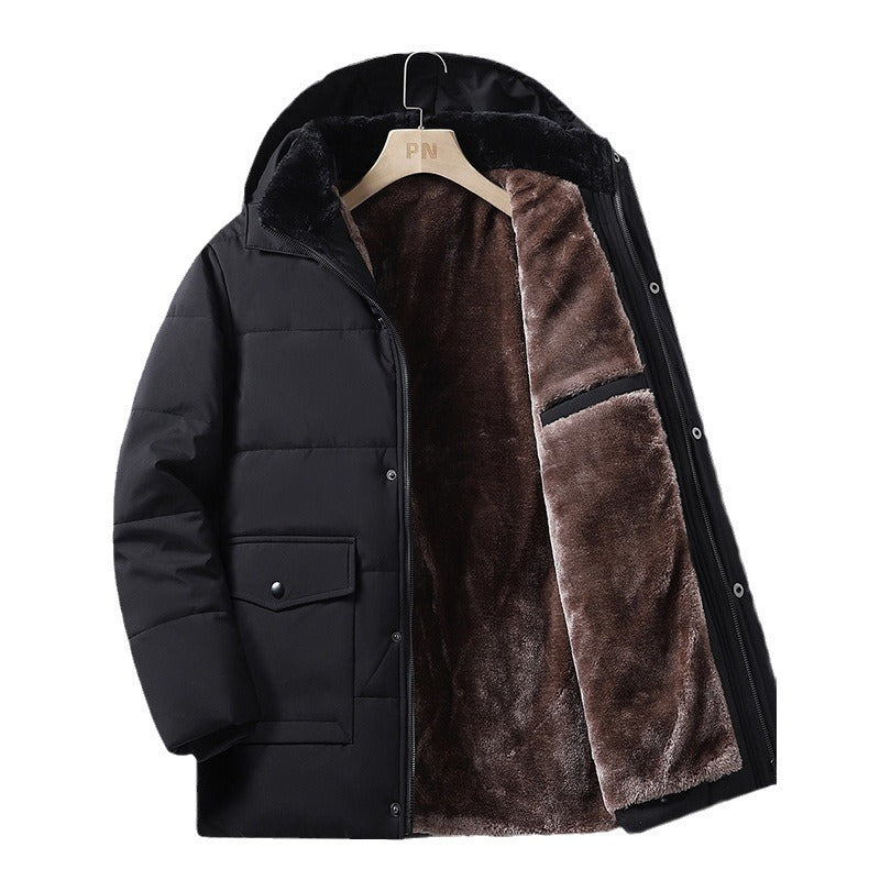 Coat men's winter new style with added velvet and thickened warm cotton clothing, business and leisure mid length hooded plus size men's cotton clothing