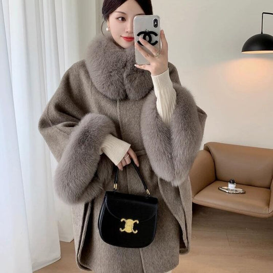 Autumn and winter new fox fur, grass fur collar, high-end cashmere cape, shawl coat, double-sided woolen coat