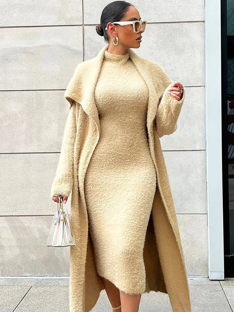 Women Long Cardigan Dress 2 Piece Set Autumn Full Sleeve Lapel Coat Sets Female Elegant Outfits