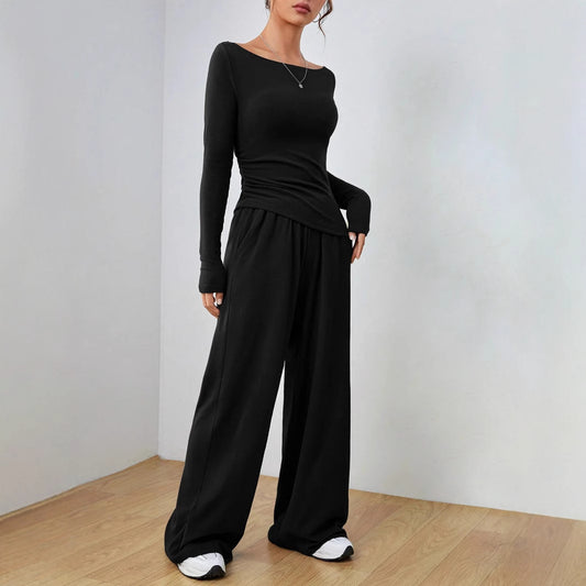 Solid color long sleeved casual wide leg pants fashion two-piece set women's clothing