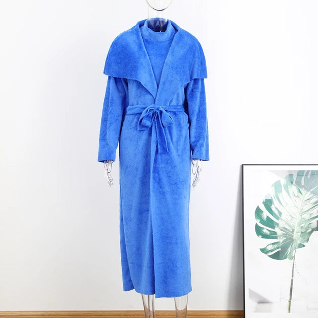 Women Long Cardigan Dress 2 Piece Set Autumn Full Sleeve Lapel Coat Sets Female Elegant Outfits